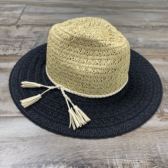 Night Train Straw Hat Tan Black Boho Wide Brim - Picture 7 of 8